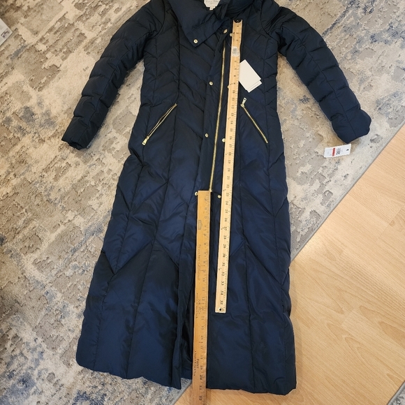 NWT Cole Haan Down Maxi Hooded Chevron Puffer Navy Coat. Women's size XS - Picture 14 of 16